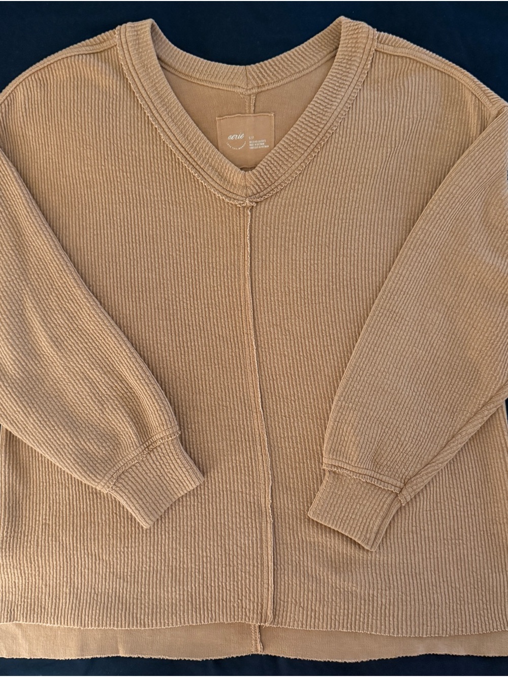 aerie Ribbed V-Neck Sweater in Tan
